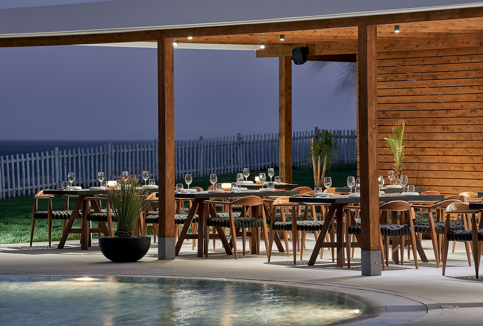 
Side view of the Asian restaurant chairs and tables
